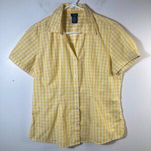 Womens Basic Editions Gingham V Neck Short Sleeve Button Shirt S Yellow White